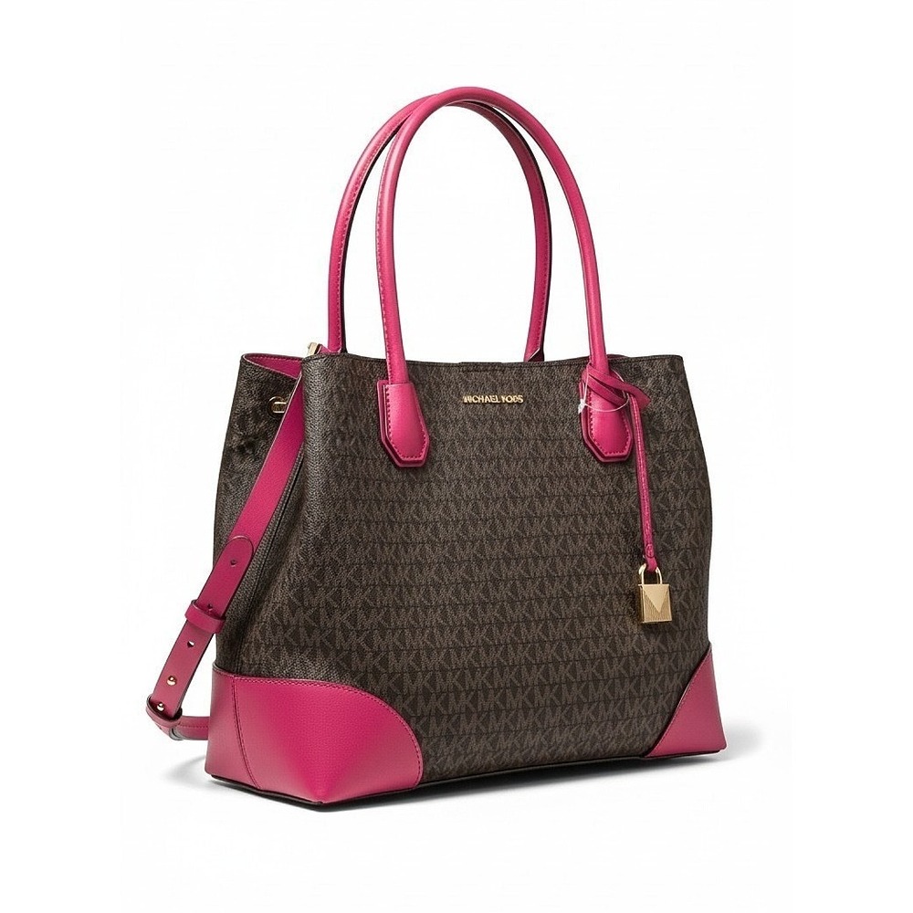 Michael Kors Mercer Corner Studio Large Center Zip Tote Brown Pink 30H7GZ5T7V